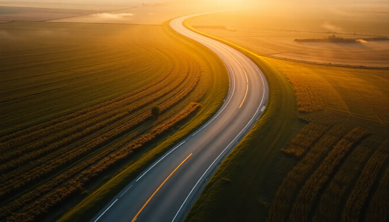 This peaceful aerial view showcases a winding rural road at sunrise, enveloped in soft golden light. The tranquil atmosphere is enhanced by the muted greens and yellows of the fields, creating a harmonious blend with the sky. The composition’s leading line effect draws the viewer’s eye through the lush landscape, while the hyperfocal depth of field captures every detail, from the road to the surrounding morning dew. This image evokes a sense of calm and connection with nature.