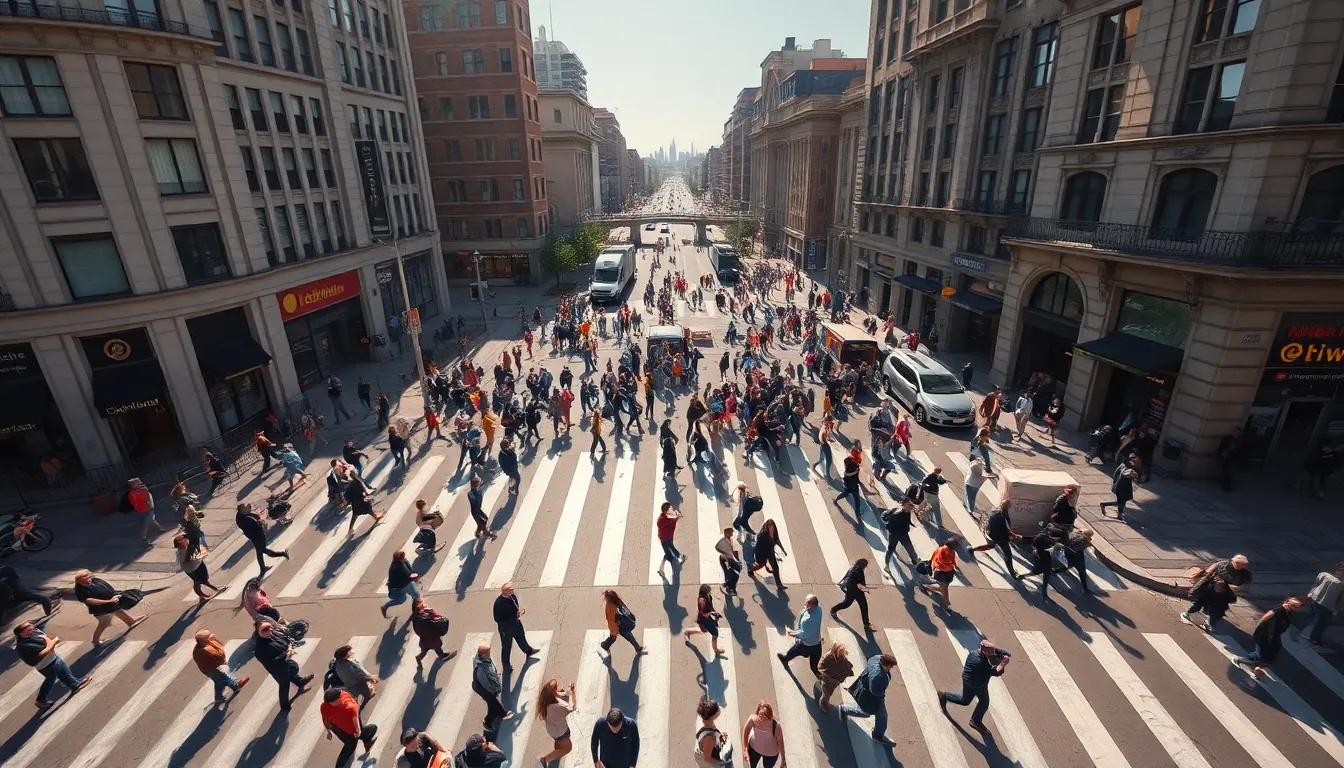 This captivating aerial image offers a bird's eye view of a bustling city street crossing, filled with pedestrians and vehicles under the bright midday sun. Sharp shadows and vibrant colors add to the dynamic atmosphere of urban life. The hyperfocal clarity reveals intricate details of the surroundings, while the composition adheres to the rule of thirds, emphasizing the busy intersection. This scene serves as a visual narrative of city living and movement.