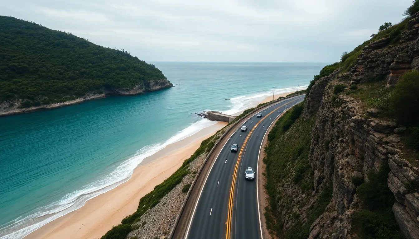 This aerial view showcases a picturesque coastal road bordered by vibrant greenery and an azure ocean, emphasizing the beauty of nature. Captured under soft, diffused overcast lighting, the colors are deep and vivid without harsh shadows. The diagonal composition of the road creates a sense of movement and adventure. Textural details like sandy beaches and rugged cliffs enhance the scene's natural allure, inviting viewers to explore.