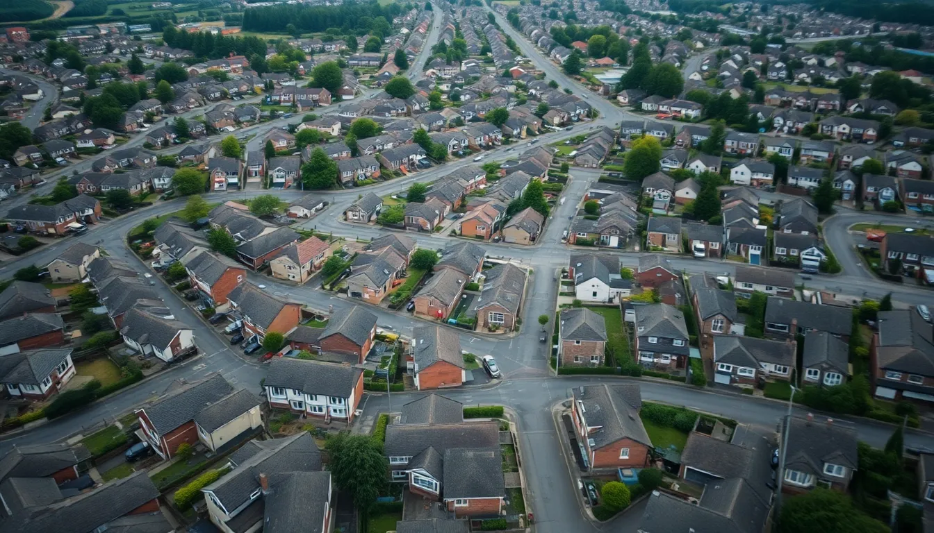 An eye-catching aerial photograph depicts a vibrant suburban neighborhood nestled in greenery. The soft overcast light casts a gentle glow on the rooftops, highlighting the diverse color palette of homes. Leading lines from the streets draw the viewer's attention through the neighborhood, creating a sense of place and community in this tranquil setting.