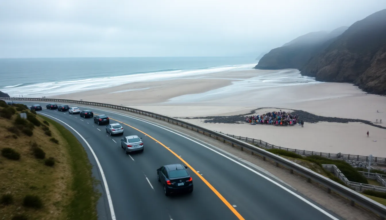 This serene aerial view highlights a coastal roadway bustling with beachgoers on a cloudy day. The soft colors of pastels in blues and grays create a calming atmosphere, while a small group of colorful beachgoers stands in focus near the shore. The diagonal composition leads the eye towards the water, suggesting a vibrant summer day despite the cloudy weather. The distant cars blur gently, enhancing the feeling of tranquility and leisure.