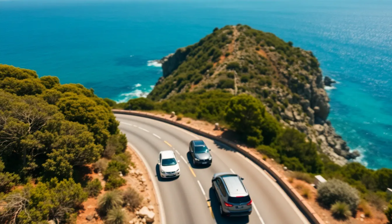 This vibrant aerial shot captures a busy coastal road on a sunny weekend, where cars travel along the scenic route beside the glistening ocean. The bright light enhances the saturated colors of the surroundings, from the deep blues of the ocean to the lush greens of coastal vegetation. The composition artfully divides the image between the road and the water, offering a fresh perspective on the intersection of land and sea. The rugged coastal terrain adds texture and interest to the scene.