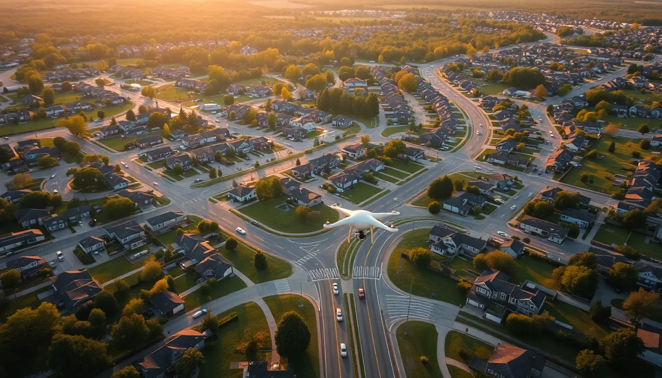 This beautifully composed aerial view captures a suburban neighborhood during the golden hour, with warm light accentuating the inviting streets. The scene is marked by orderly homes and tree-lined roads, creating a sense of tranquility and community. Leading lines formed by the roads draw the viewer into the scene, while rich details of the environment add texture. The warm color palette evokes feelings of comfort and warmth, making this an idyllic representation of suburban life.