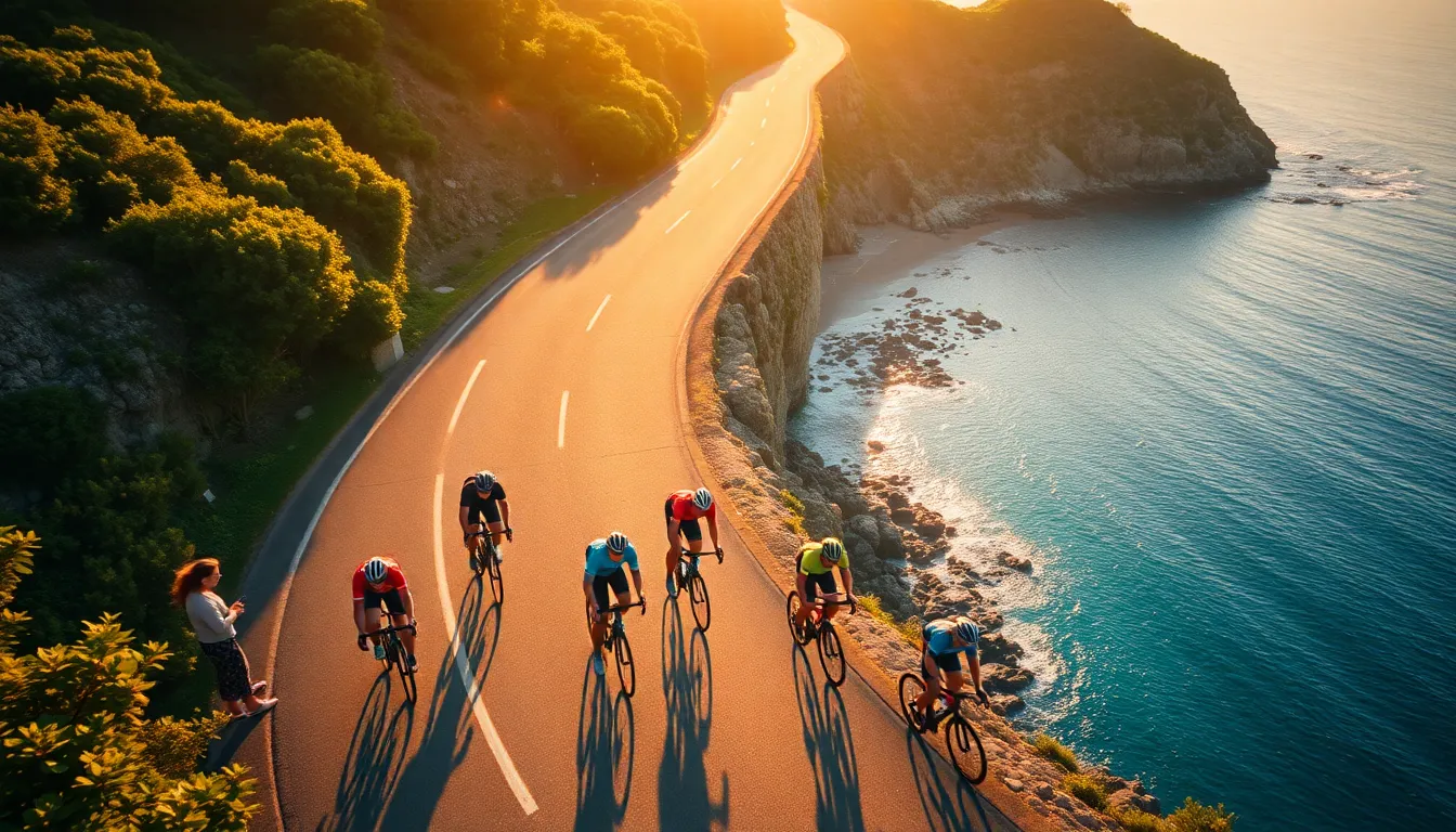 This exhilarating aerial photograph captures a vibrant bicycle race as it navigates a picturesque coastal road. Bathed in the warm glow of early morning sunlight, the scene showcases vivid cyclists’ jerseys contrasting against the deep blue ocean and lush greenery. The sharp focus on the racers highlights their determination and speed, while the blurred backdrop accentuates the motion and beauty of the surroundings. The dynamic composition not only captures the excitement of the race but also celebrates the stunning natural landscape, making it a perfect representation of active outdoor adventure.