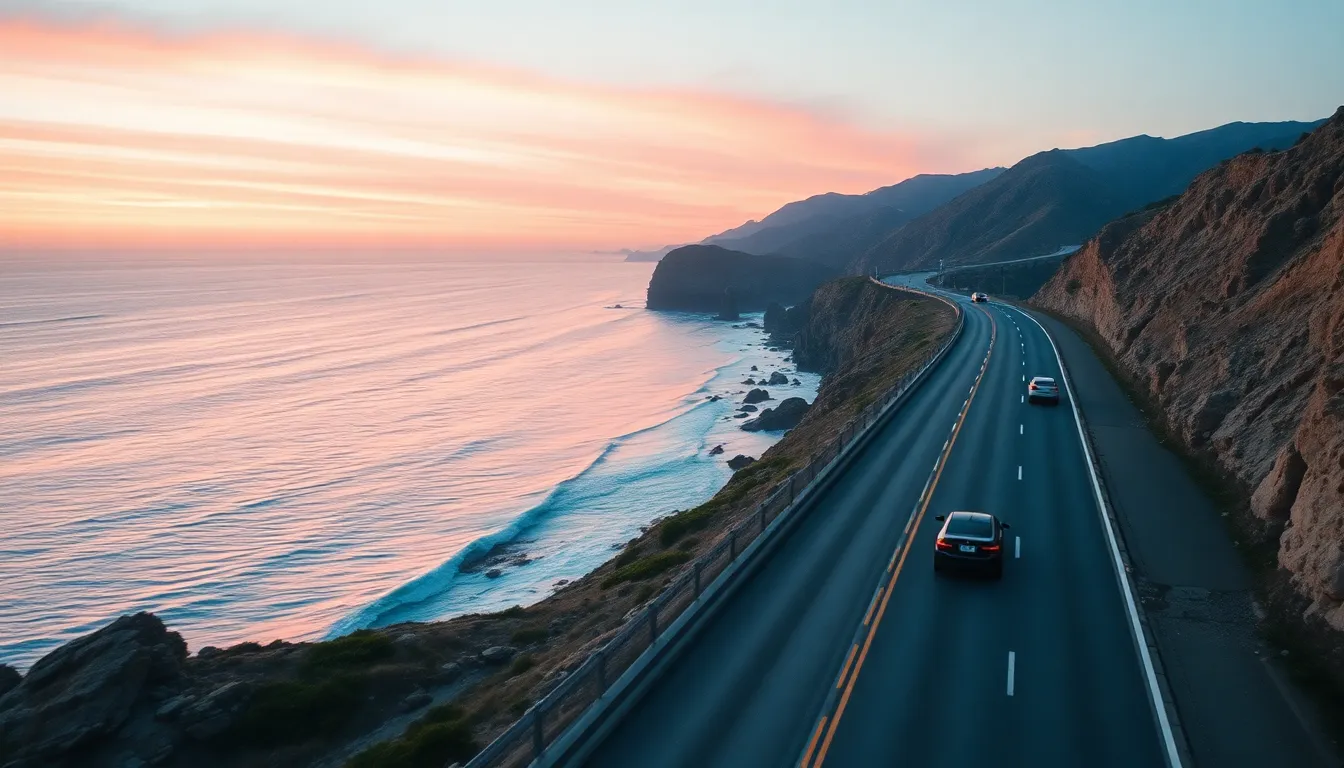 This stunning aerial image captures traffic flowing along a picturesque coastal highway at sunrise. The soft pastels of the morning sky reflect beautifully on the ocean, creating a tranquil and inviting atmosphere. The coastline serves as a leading line, guiding the viewer's eye down the road, while the textures of the waves and cliffs add depth and interest. The scene encapsulates the harmony of nature and traffic.