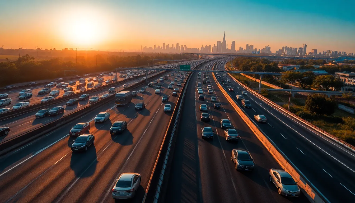 This dynamic aerial image captures the energy of rush hour traffic on a busy highway, emphasizing the flow of vehicles against a backdrop of a sprawling cityscape. The warm golden hour light enhances the scene, creating a striking contrast between the road and the skyline. With sharp focus across the entire frame, the image invites viewers to explore the intricate details of the traffic below. The overall atmosphere is vibrant and urban, making it an ideal representation of modern city life.