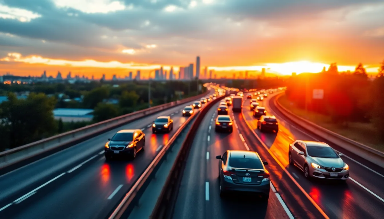 This stunning aerial shot captures the hectic pace of rush hour traffic on a busy highway. Warm golden hour light bathes the scene, amplifying the colors of the vehicles and creating textural contrasts on the wet asphalt below. The image conveys a sense of movement and urgency, enhanced by the composition that leads the viewer's gaze toward the city skyline in the distance. A perfect blend of nature and urban life.