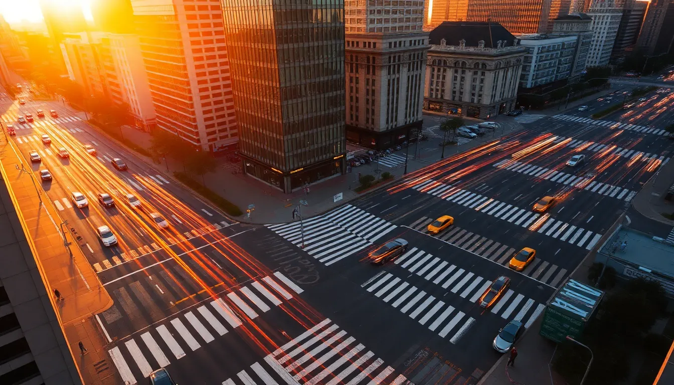 This aerial shot captures the vibrant energy of rush hour in a bustling city, framed during golden hour. Car lights streak through the intersection, creating dynamic patterns against the warm hues of the setting sun reflecting off glass buildings. The composition emphasizes movement and activity, showcasing the interplay between urban architecture and flowing traffic. The warm color palette enhances the vitality of urban life.