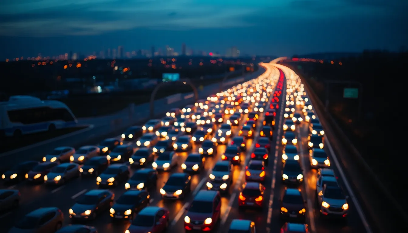 Twilight Aerial View of Highway Traffic Jam