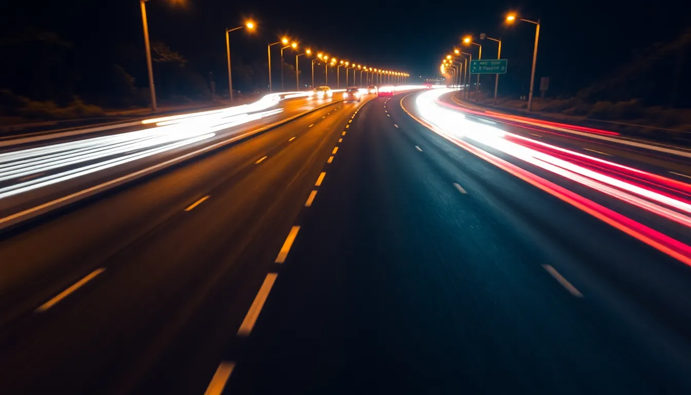 This dynamic aerial shot captures the flow of nighttime traffic on a well-lit highway. Streetlights create a warm ambiance, illuminating the asphalt while headlights streak through the image, adding a sense of motion and energy. The predominantly dark color palette is highlighted with vibrant yellows and whites, evoking the spirit of nightlife. The composition's leading lines enhance the feeling of movement, while reflections on the road provide additional texture and depth.