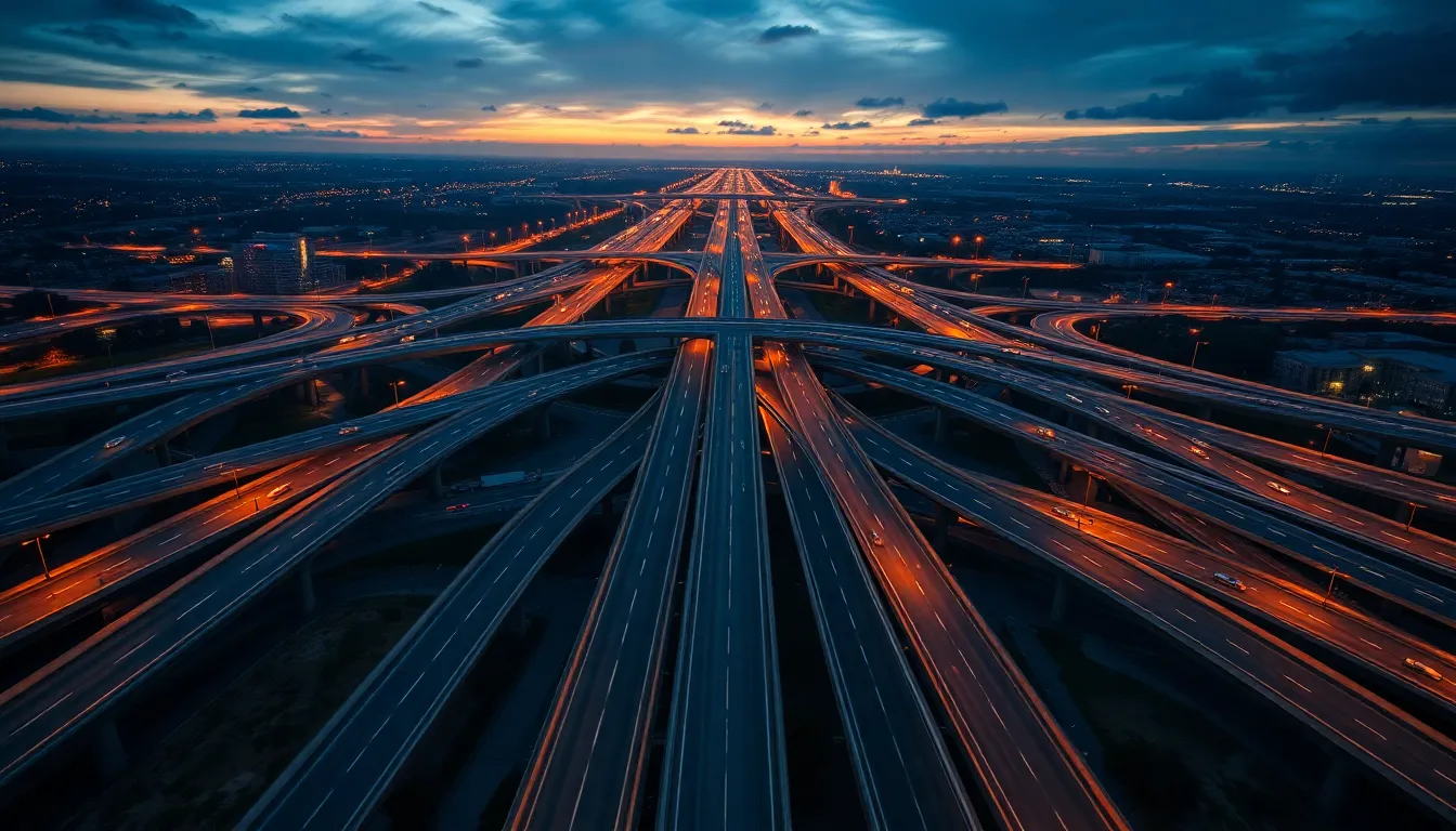 This mesmerizing aerial shot captures a busy multi-lane freeway interchange at twilight, where artificial lights create a vibrant interplay of colors. The arrangement emphasizes symmetry, drawing attention to the complex structure as vehicles flow seamlessly through. With dramatic deep blues contrasted by warm oranges, the image conveys an atmospheric and dynamic vibe. Textures contrast rough concrete with sleek building glass, making it an intriguing view of urban transport.
