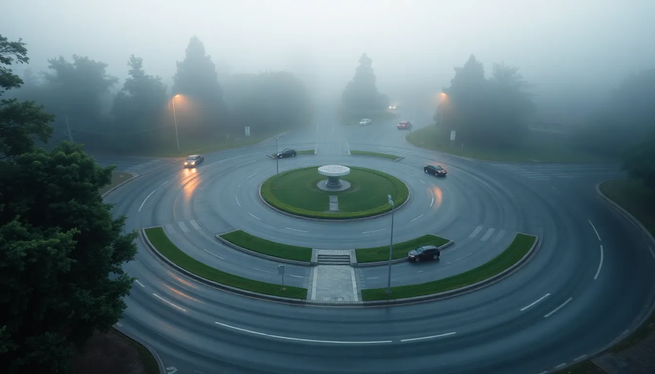 This captivating aerial image presents a serene roundabout enveloped in early morning fog. The soft, diffused light creates a tranquil atmosphere, highlighting the muted greens and grays of the surrounding landscape. Symmetrically composed, the roundabout is the focal point, showcasing the flow of traffic gently navigating its curves. The subtle textures of the wet road surface add to the peaceful ambiance, transforming a typical traffic scene into an artistic portrayal of daily life.