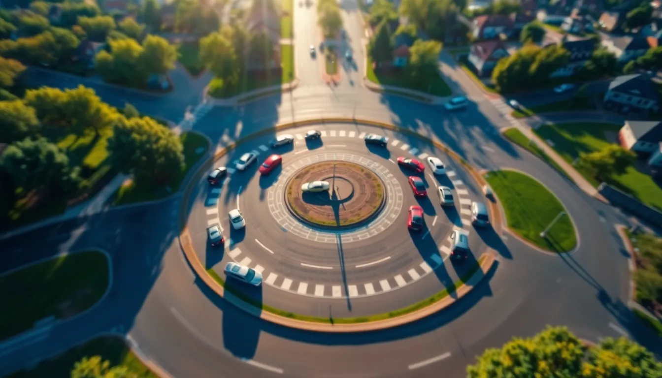 This dynamic aerial image highlights a bustling roundabout in a suburban neighborhood, filled with vehicles moving in various directions. The afternoon sunlight creates a bright and lively atmosphere, with clear shadows enhancing the scene's depth. The vibrant greens of surrounding parks provide a striking contrast to the asphalt, while the centered symmetry draws attention to the unique traffic flow.