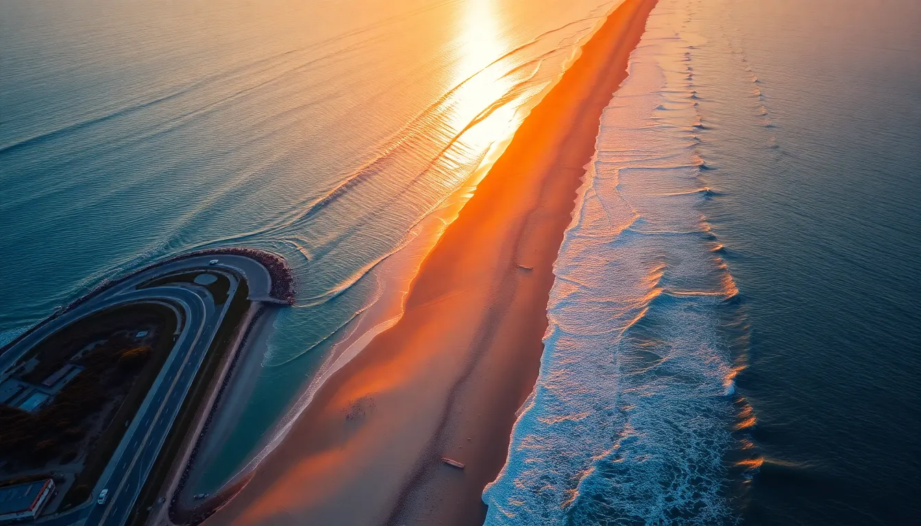 Experience the breathtaking beauty of a beachside highway captured at sunset in this stunning aerial photograph. The warm golden hour light beautifully reflects off the tranquil waters, creating a mesmerizing interplay of colors. The composition's leading lines guide the viewer's eye along the coastline, while the rich textures of sand and waves add depth to the scene. This image perfectly illustrates the serene energy of nature and transport.