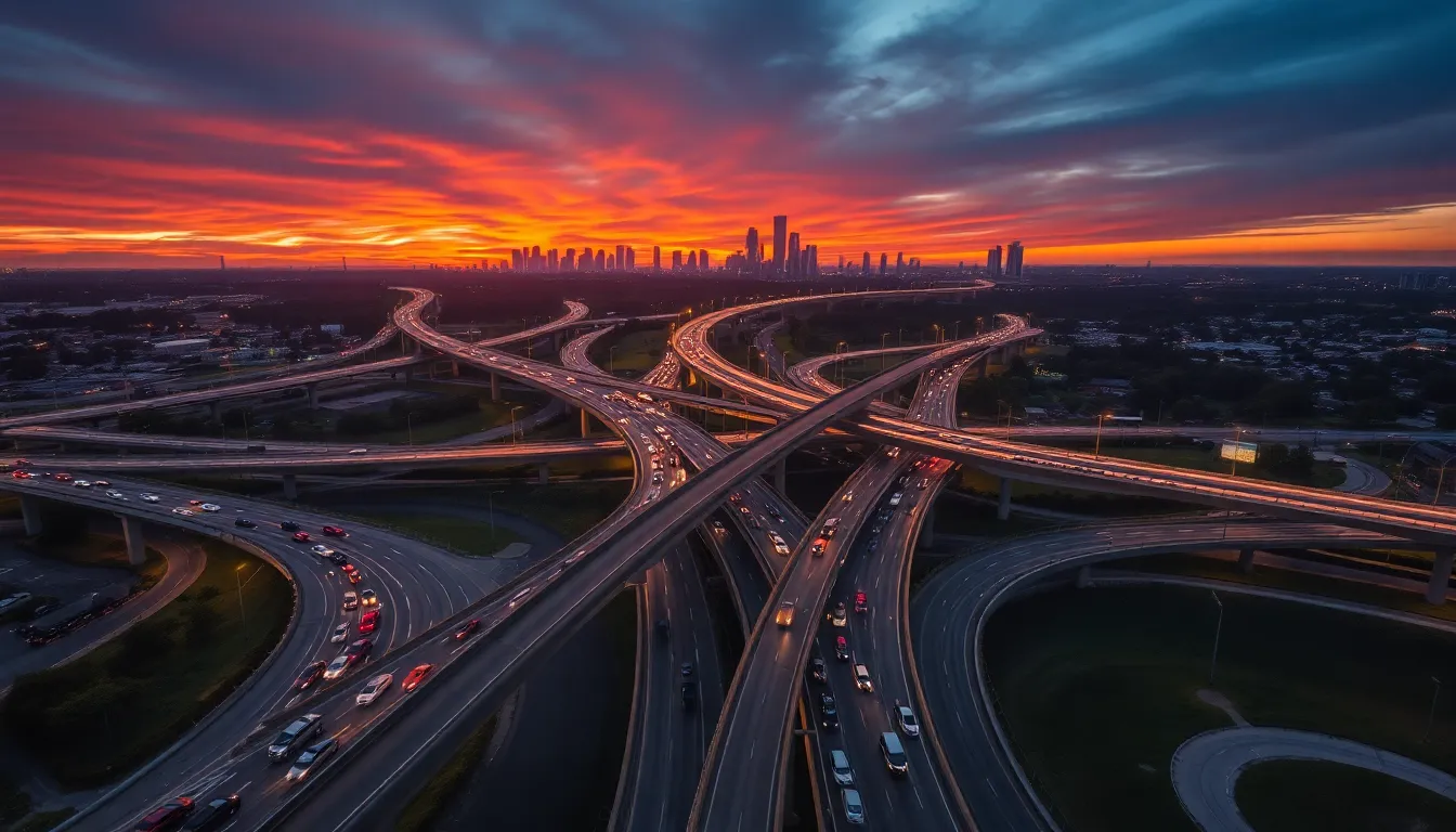 Aerial View of Freeway Interchange at Sunset
