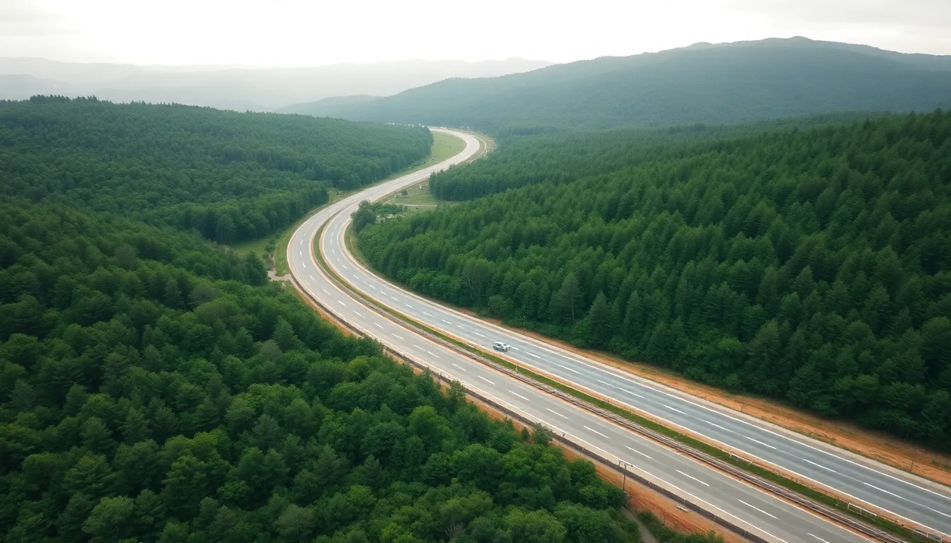 This high-altitude aerial image showcases a winding highway snaking through a vibrant green forest under an overcast sky. The even lighting enhances the rich textures of the foliage and asphalt. The road leads the eye through the landscape, emphasizing the connection between nature and transportation. The tranquil color palette of greens and browns creates a serene atmosphere.