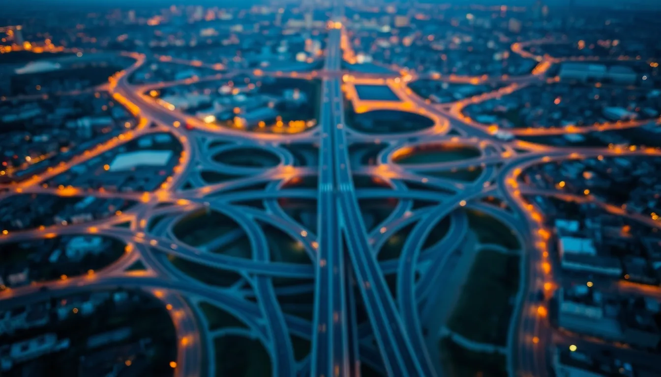 This captivating aerial view features an intricate roadway interchange amidst urban development at twilight. The soft glow of city lights beginning to twinkle against the deepening blue sky creates an enchanting atmosphere. The selective focus brings attention to the complexity of the interchange, with leading lines drawing the viewer’s eye through the scene. This image beautifully captures the transition from day to night, showcasing the dynamic energy of urban traffic.