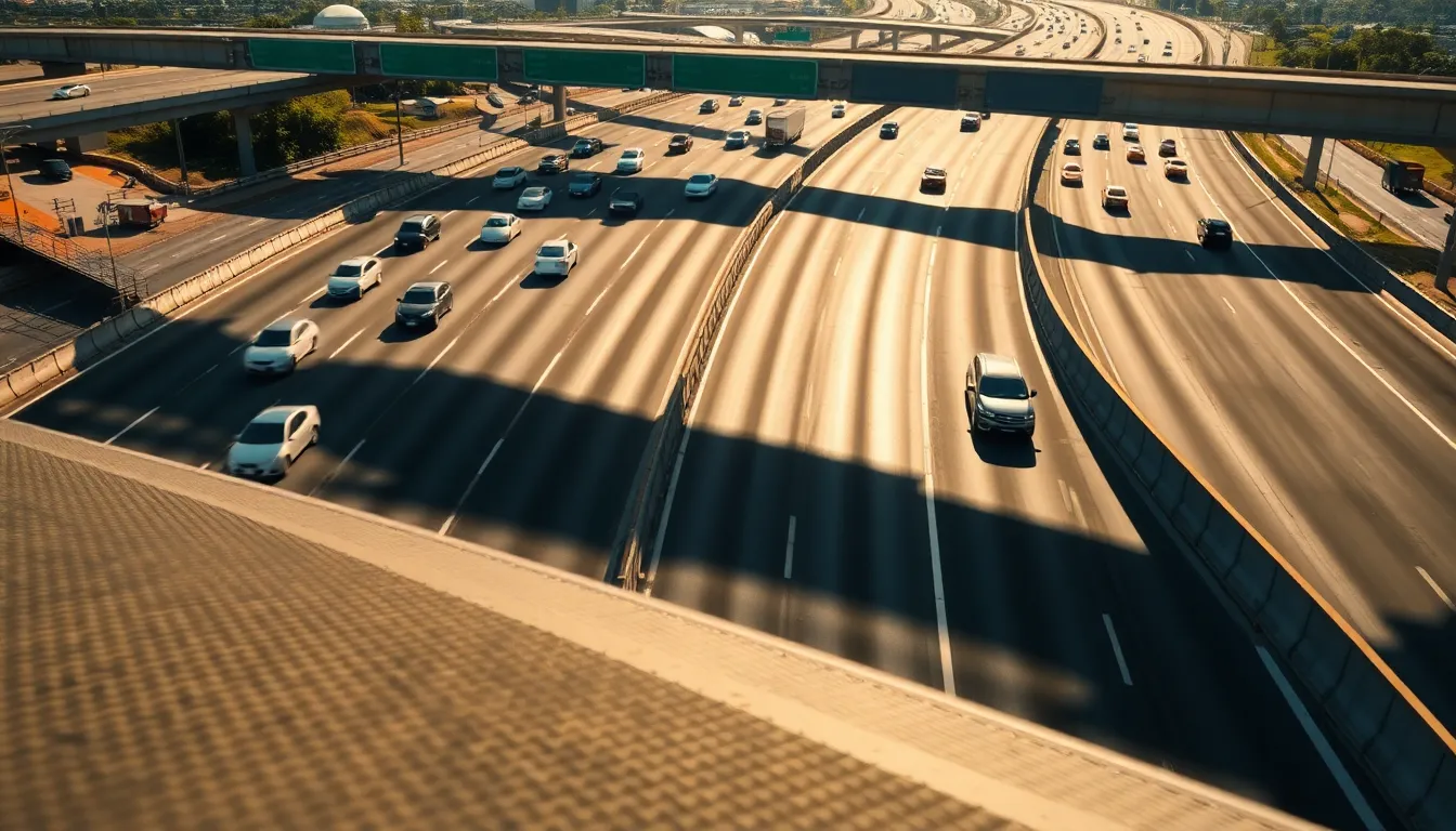 This high-angle view showcases a complex freeway system filled with a multitude of vehicles, conveying the intense energy of midday traffic. Shot under bright sunlight, the contrast highlights the vibrant movement of the cars. The selective focus draws attention to a single vehicle navigating the lanes, while the crisp textures of the road surface add to the depth of realism. The leading lines create an engaging visual flow that invites viewers to explore the scene.