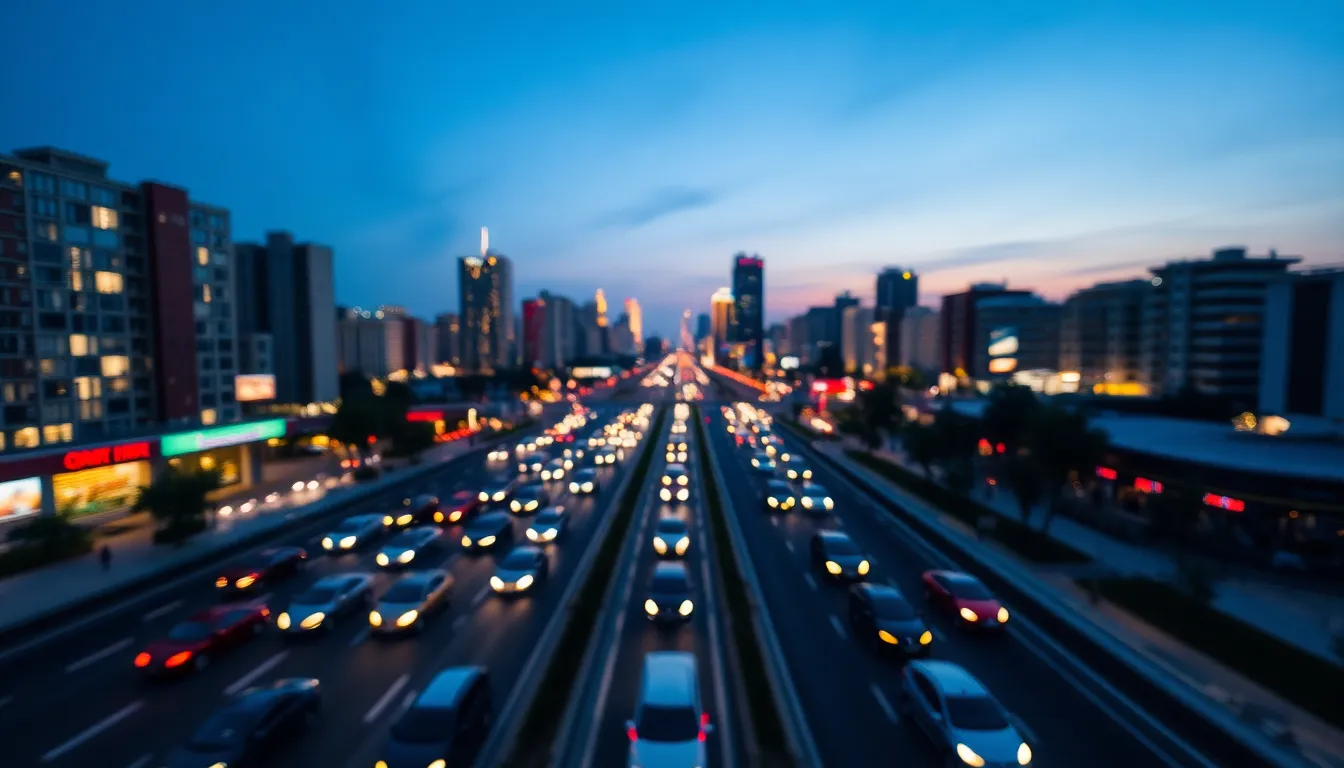 An aerial view showcasing a vibrant city during rush hour as twilight sets in. The interplay of fading natural light and urban glow creates a captivating atmosphere, highlighting the busy flow of traffic below. Leading lines formed by the roads direct the viewer's gaze towards the bustling heart of the city, evoking a sense of energy and life.