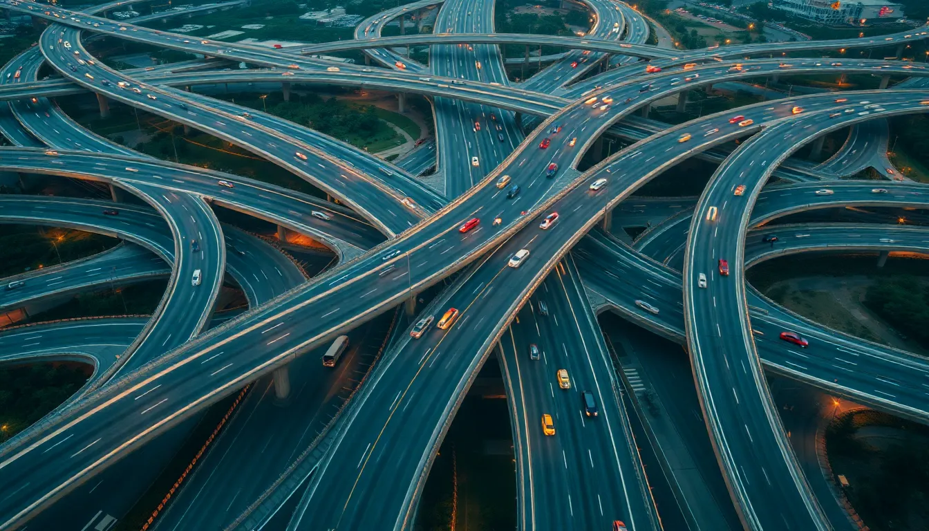 This aerial view showcases a complex highway interchange bustling with vehicles during the evening. The cinematic teal and orange grading adds drama to the scene, creating a striking contrast between the roads and the busy traffic. The hyperfocal depth of field maintains sharpness throughout the image, allowing the intricate design of the interchange to shine. Leading lines in the composition draw the viewer's attention, while the rich textures of asphalt and concrete enhance the photorealism.