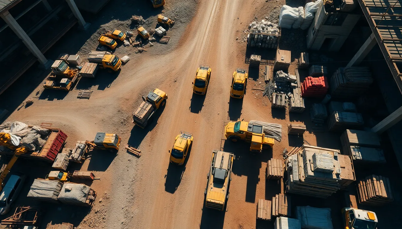 This overhead shot captures a busy construction site bustling with activity, revealing trucks and machinery at work. The harsh midday light creates a dramatic contrast, emphasizing the details of the equipment and materials. Leading lines from the construction pathways guide the viewer's eye towards the focal point of the scene. The industrial color palette of grays and ochres solidifies the robust nature of the construction environment.