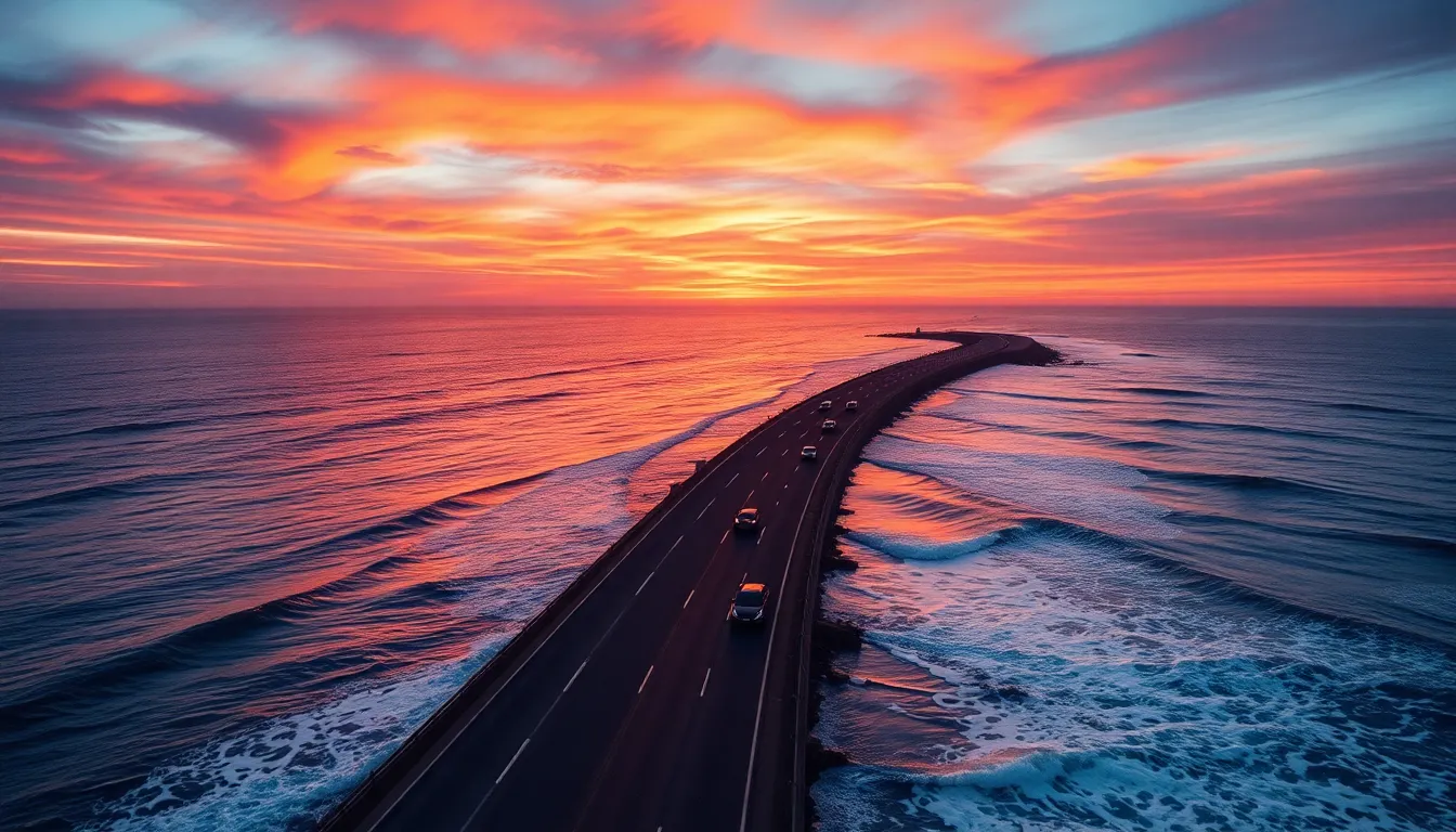 This stunning aerial photograph captures a coastal highway embraced by a breathtaking sunset, with vibrant colors reflecting off the ocean waves. Cars navigate along the edge of the water, creating a seamless connection between land and sea. The shallow depth of field accentuates the vehicles, contrasting with the soft, colorful background that evokes a sense of tranquility. The diagonal composition guides the viewer's eye toward the horizon, enhancing the beauty of the sunset.