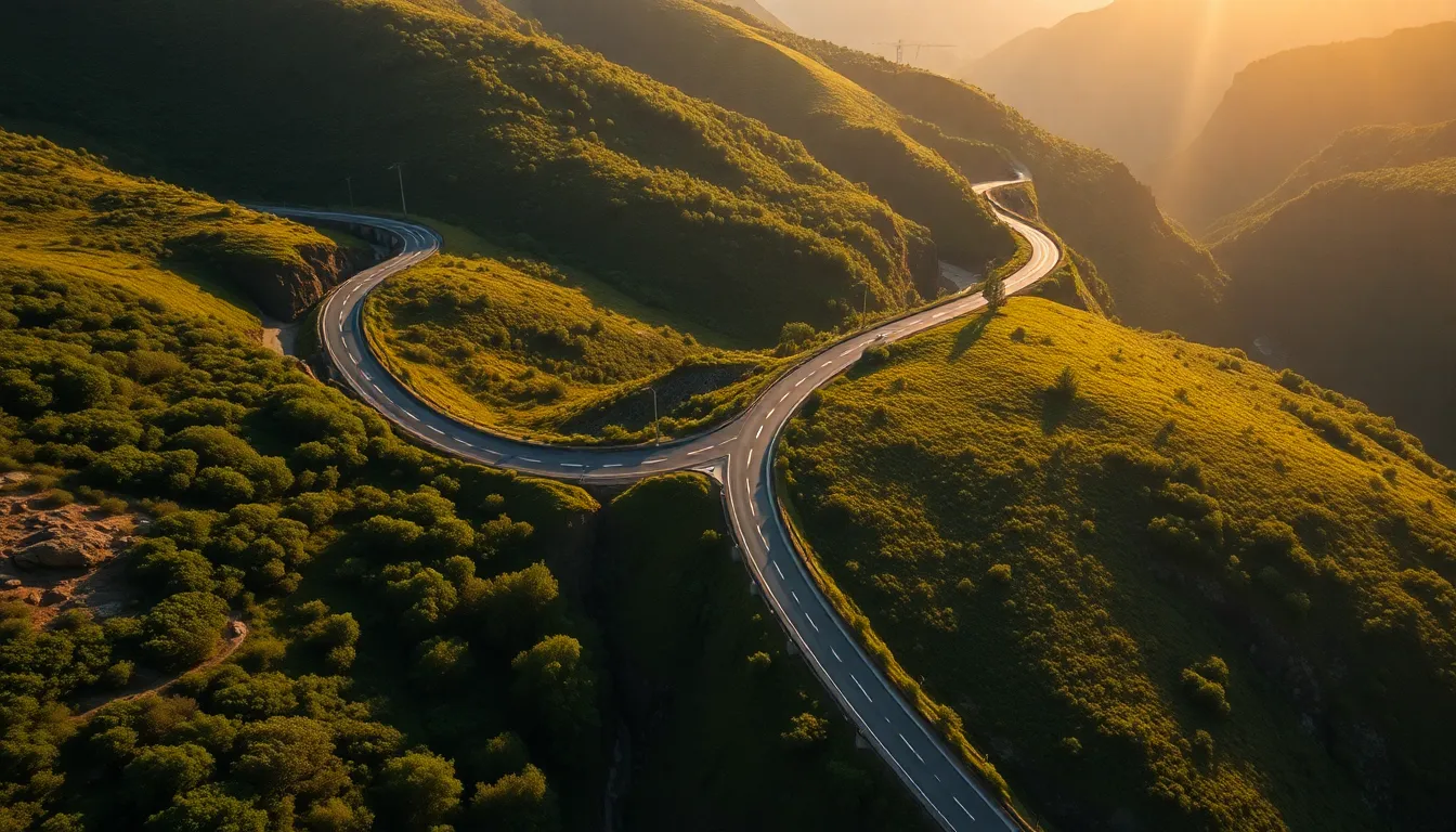 Explore the stunning contrast of a highway winding through lush, green mountains in this aerial shot. Captured in the late afternoon light, the image reveals a vibrant earthy color palette with soft shadows enhancing the scene. The winding road serves as a leading line, drawing viewers into the picturesque landscape. Rich textures of the foliage and road surface add realism, making this image a captivating representation of the beauty of nature and transport.