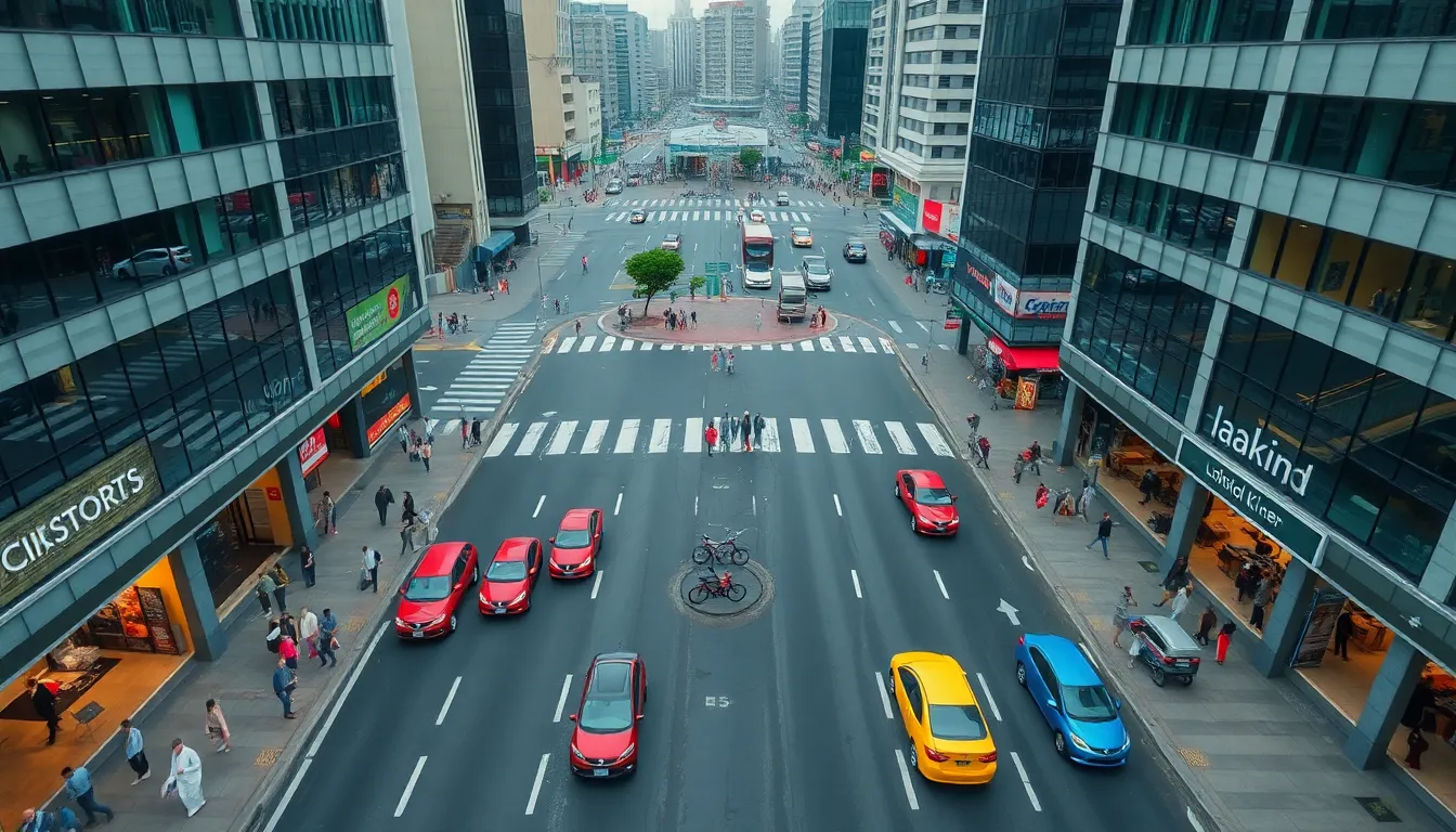 This dynamic aerial image captures the vibrant activity of a busy city intersection. Taken from an elevated viewpoint, the photograph showcases a multitude of vehicles and pedestrians under soft, overcast light that enhances the colors of the scene. The composition centers around the intersection, highlighting the organized chaos typical of urban life. Reflections in storefront glass add depth, making this image a lively portrayal of city dynamics.