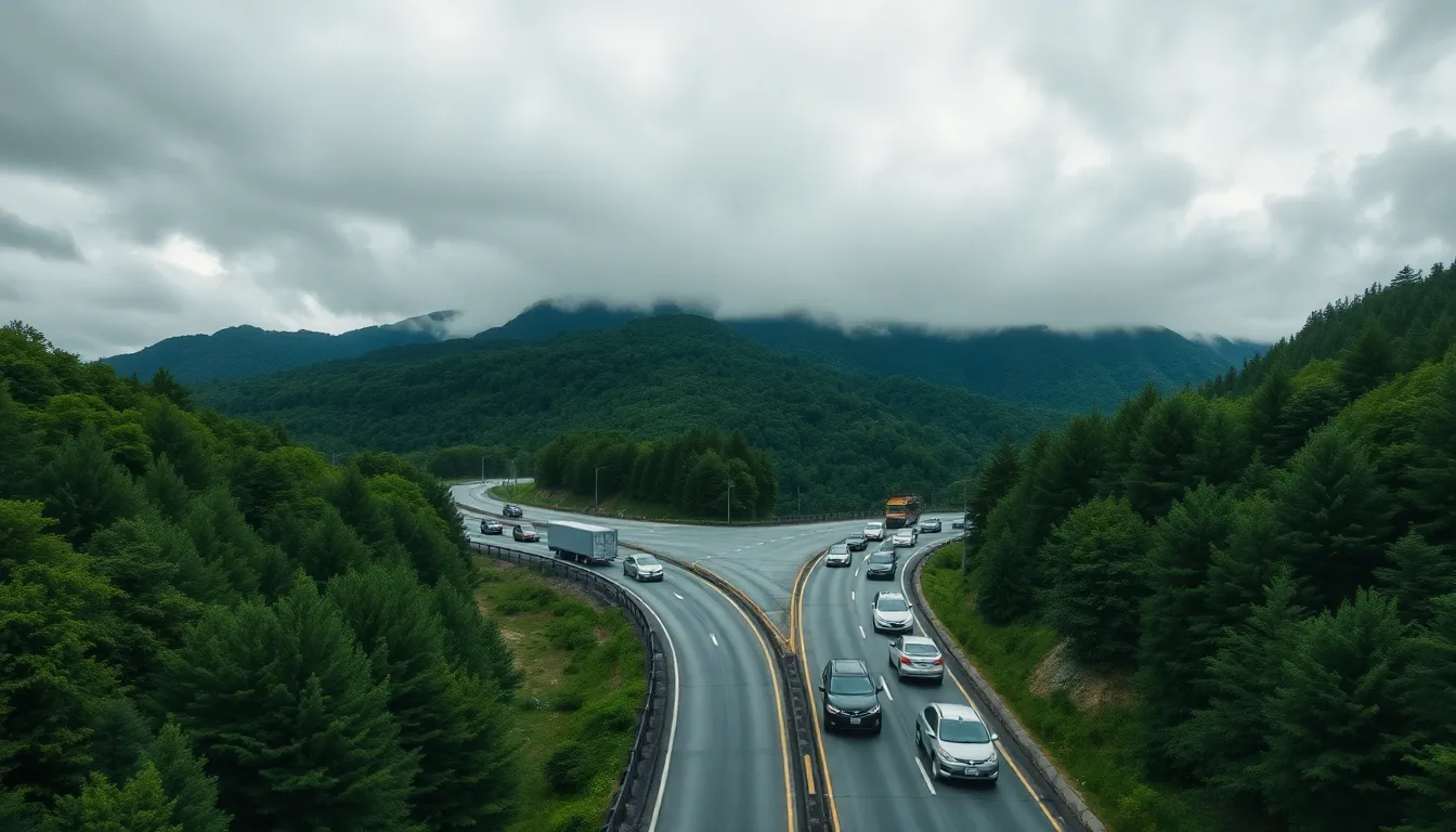 This dramatic aerial shot showcases a traffic jam on a winding highway, framed by lush green mountains under a moody, overcast sky. The muted color palette enhances the serene setting, contrasting with the static lines of cars caught in traffic. Leading lines of the highway draw the viewer's eye through the scene, while textures of asphalt and greenery add depth and interest. The overall mood captures the stillness and tension of the moment.