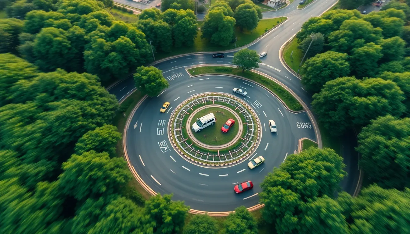 This captivating aerial close-up showcases the intricate movement of traffic within a charming roundabout, surrounded by vibrant greenery. With a shallow depth of field, a couple of colorful vehicles stand out against a soft, blurred background that creates an inviting ambiance. The earthy tones of surrounding trees contrast beautifully with the vivid colors of the cars. The symmetrical composition highlights the roundabout, emphasizing the graceful flow of traffic and nature's beauty.