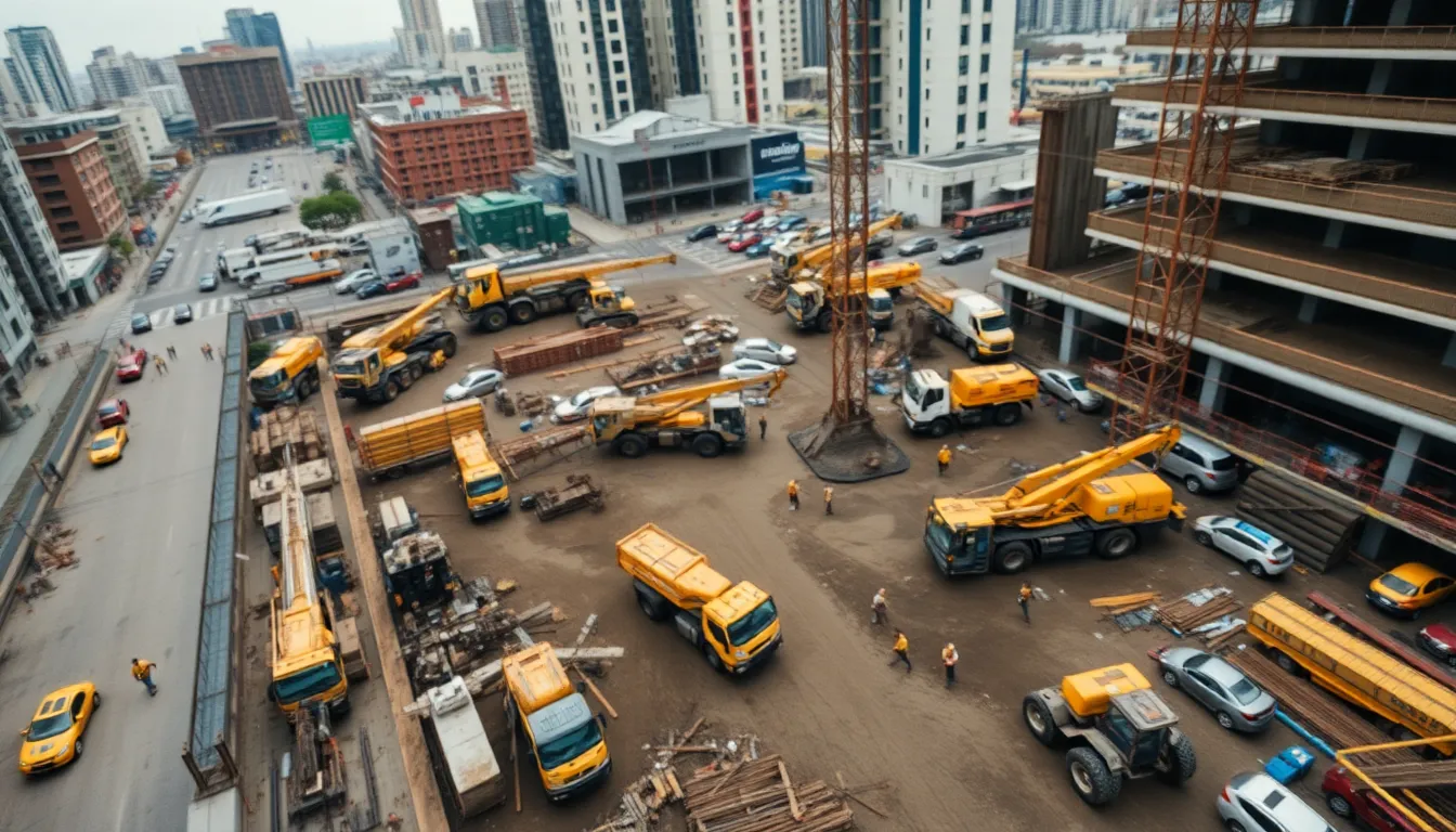 This aerial image provides a captivating look at a bustling construction site located in a metropolitan area. The overcast sky offers diffused daylight, ensuring even lighting across the scene. The image focuses on construction vehicles and workers, creating a dynamic focal point against a backdrop of muted earth tones. The high angle perspective captures the organized chaos of construction, providing insight into urban development.