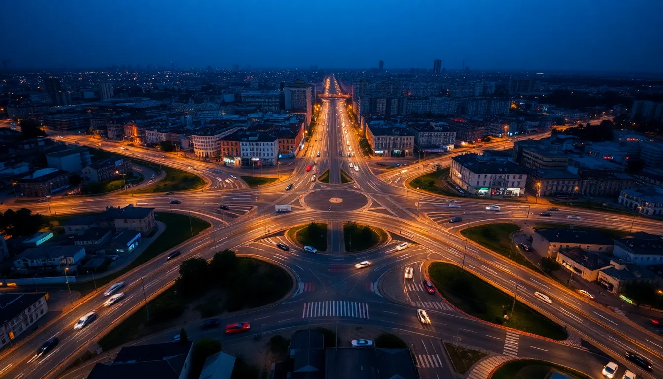 This mesmerizing aerial capture showcases a vibrant city intersection during twilight, where the first glow of streetlights begins to illuminate the scene. The deep blue sky contrasts beautifully with the warm light of vehicles and buildings, evoking a sense of urban vitality. The sharp focus across the image reveals intricate details of the bustling city life, encouraging viewers to explore every corner. Utilizing leading lines, the composition effectively guides the eye towards the heart of the vibrant city, making it an engaging visual experience.