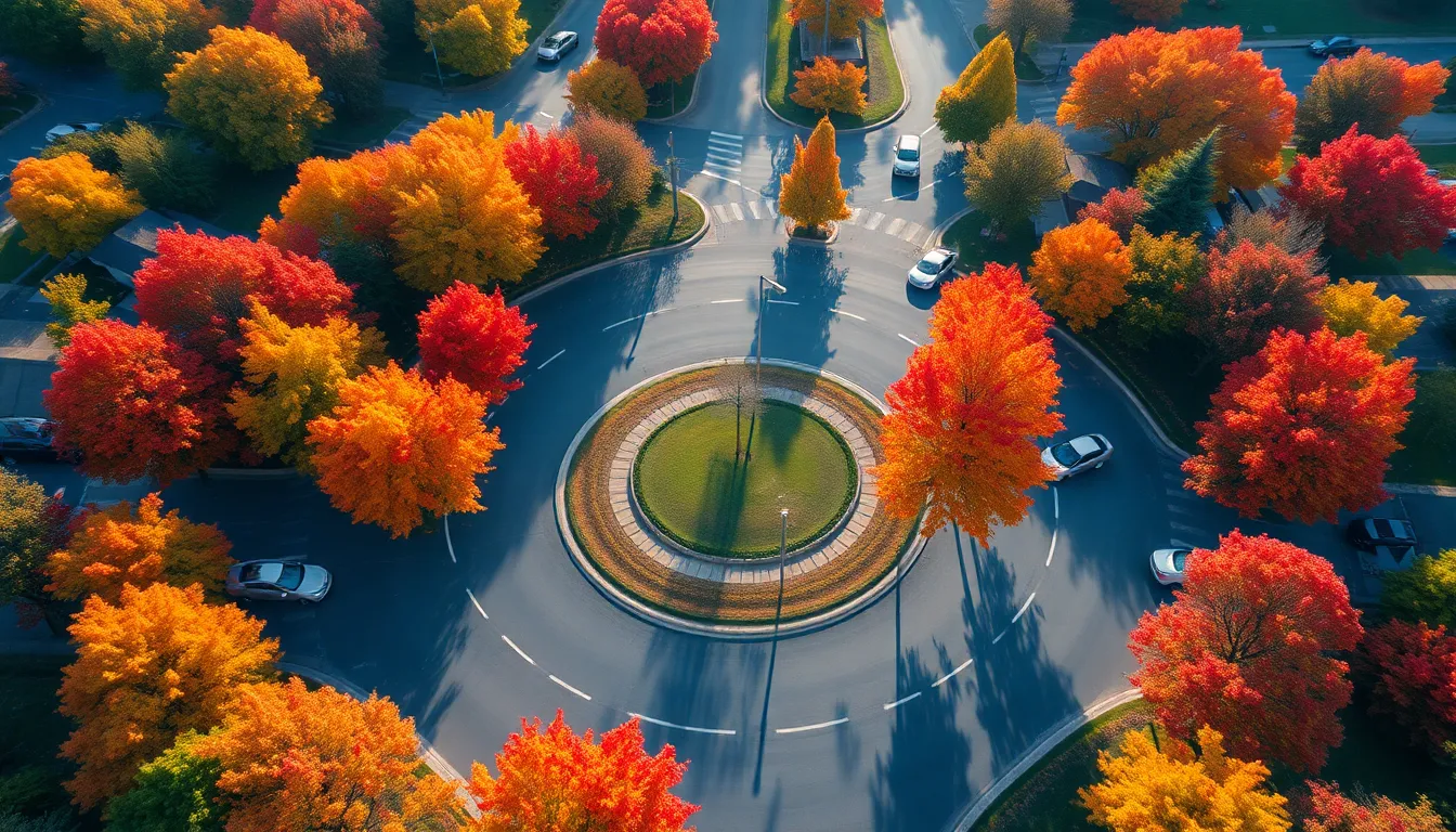 This captivating aerial view depicts a busy roundabout surrounded by vibrant autumn foliage in a suburban area. The rich colors of fall leaves create a stunning contrast against the gray asphalt, enhancing the warmth of the scene. Soft morning sunlight generates gentle shadows, adding depth and atmosphere. A symmetrical composition captures the harmony of traffic movement amidst the beauty of nature, making it a perfect representation of seasonal transitions.