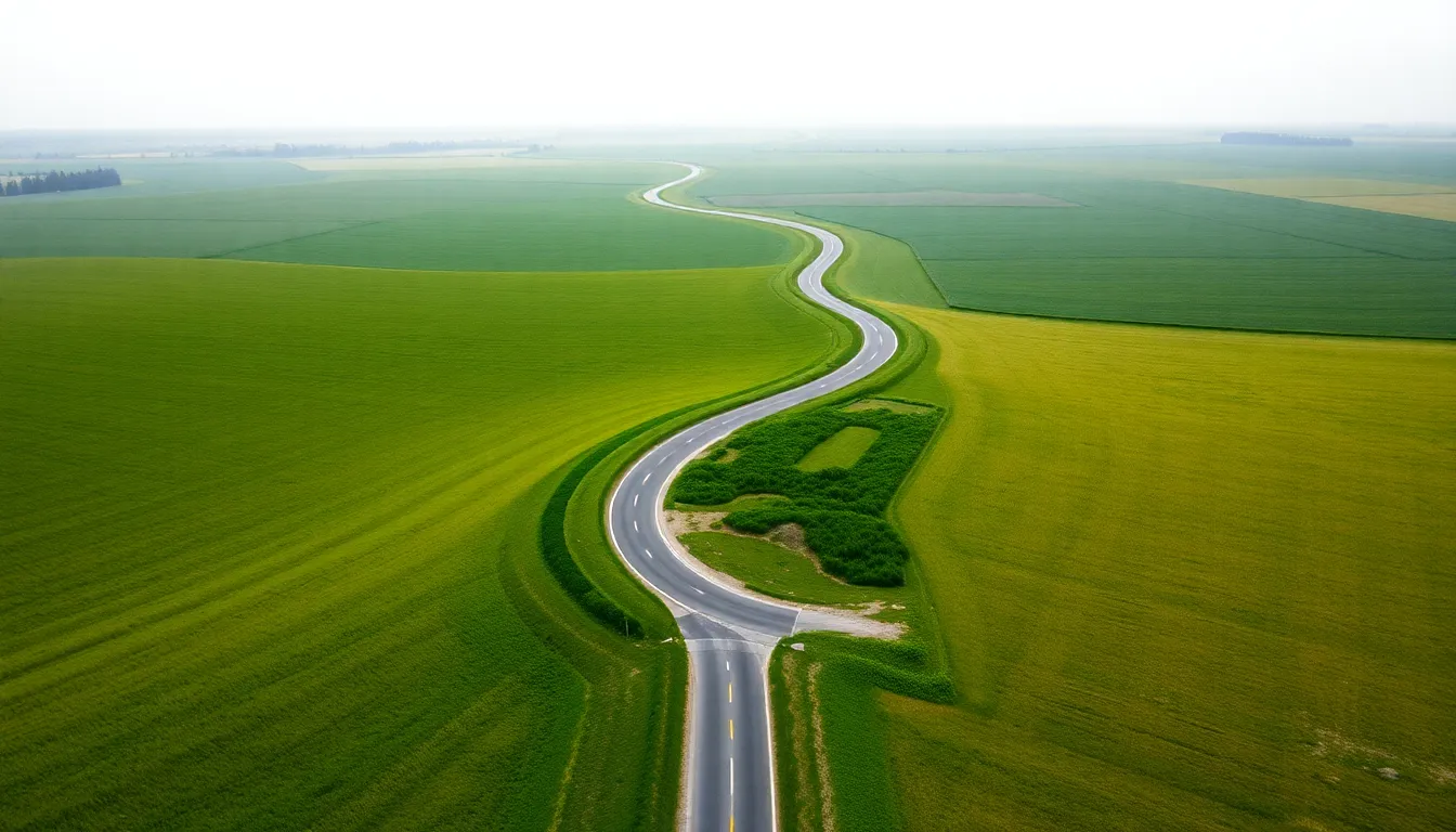 This captivating aerial photograph presents a serene countryside road that gracefully winds through vibrant green fields. The soft overcast light gives the landscape a calm and tranquil ambiance, enhancing the natural beauty of the scene. With a dreamy focus on the road, the image invites viewers to imagine a peaceful drive through the countryside. The texture of the lush grass and natural earth tones contribute to a soothing and inviting atmosphere, making it a perfect representation of rural bliss.