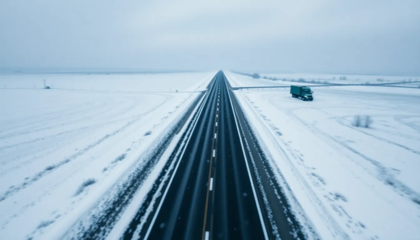 This enchanting aerial image reveals a rural highway meandering through a pristine snowy landscape, captured under the soft glow of overcast skies. The uniform whiteness of the snow creates a peaceful environment, while the selective focus on the highway invites a sense of movement. Cool blues and crisp whites dominate the color palette, enhancing the wintry atmosphere. The leading lines of the highway guide the viewer's gaze into the tranquil scene, making it feel expansive and inviting.