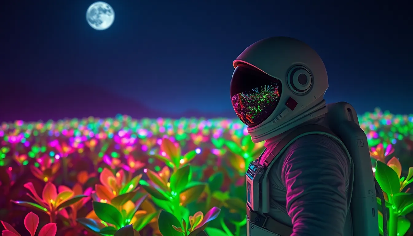 Astronaut in Bioluminescent Alien Landscape