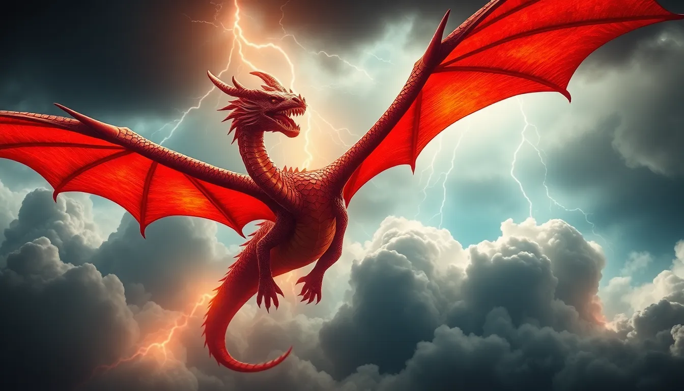 Majestic Dragon Soaring Through Stormy Clouds