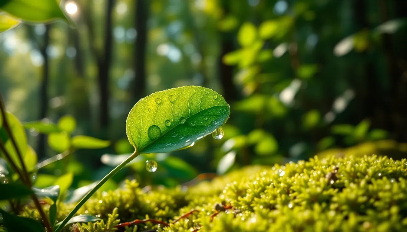 Lush Forest with Dewy Leaves