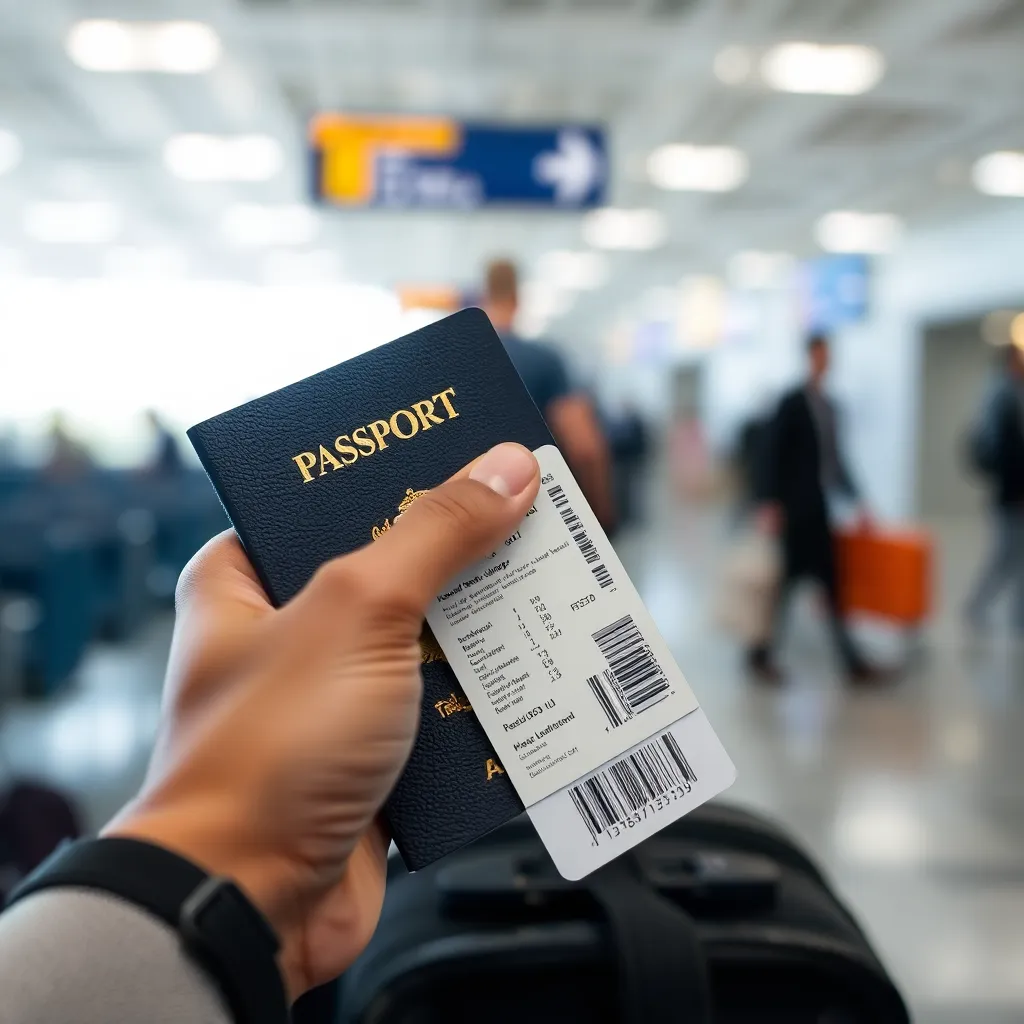 A close-up shot of a traveler's hand holding a passport and boarding pass at the airport, highlighting travel essentials.