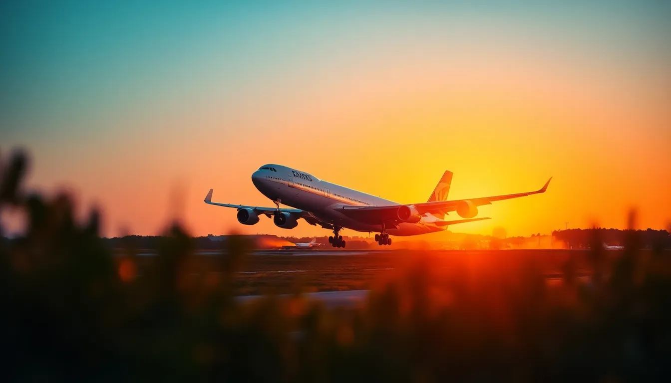 This dynamic image captures a Boeing 747 in mid-takeoff, soaring into the sky as the sun sets in a vibrant display of warm colors. The golden light beautifully highlights the aircraft's polished exterior, while the blurred runway provides a sense of speed and motion. The background transitions from vibrant oranges and reds to deep blue, enhancing the dramatic impact of the scene.