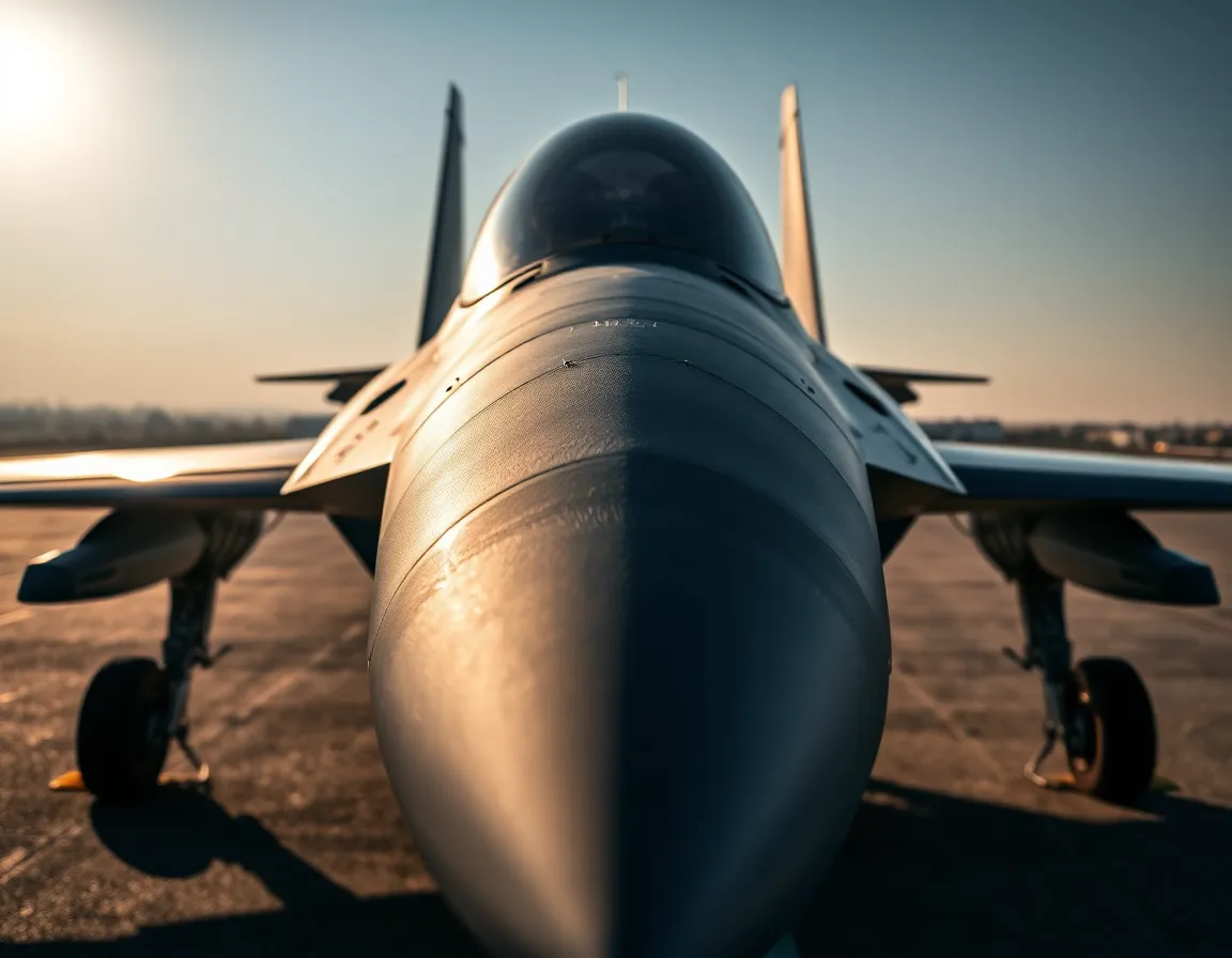 This striking close-up image features a powerful fighter jet stationed on a military tarmac, capturing the sleek lines and intricate details of its design. Early morning light casts dramatic shadows that enhance the aircraft's rugged surface, creating a mood of strength and readiness. The muted colors and gritty textures convey the essence of military aviation, emphasizing the might and engineering behind these amazing machines.