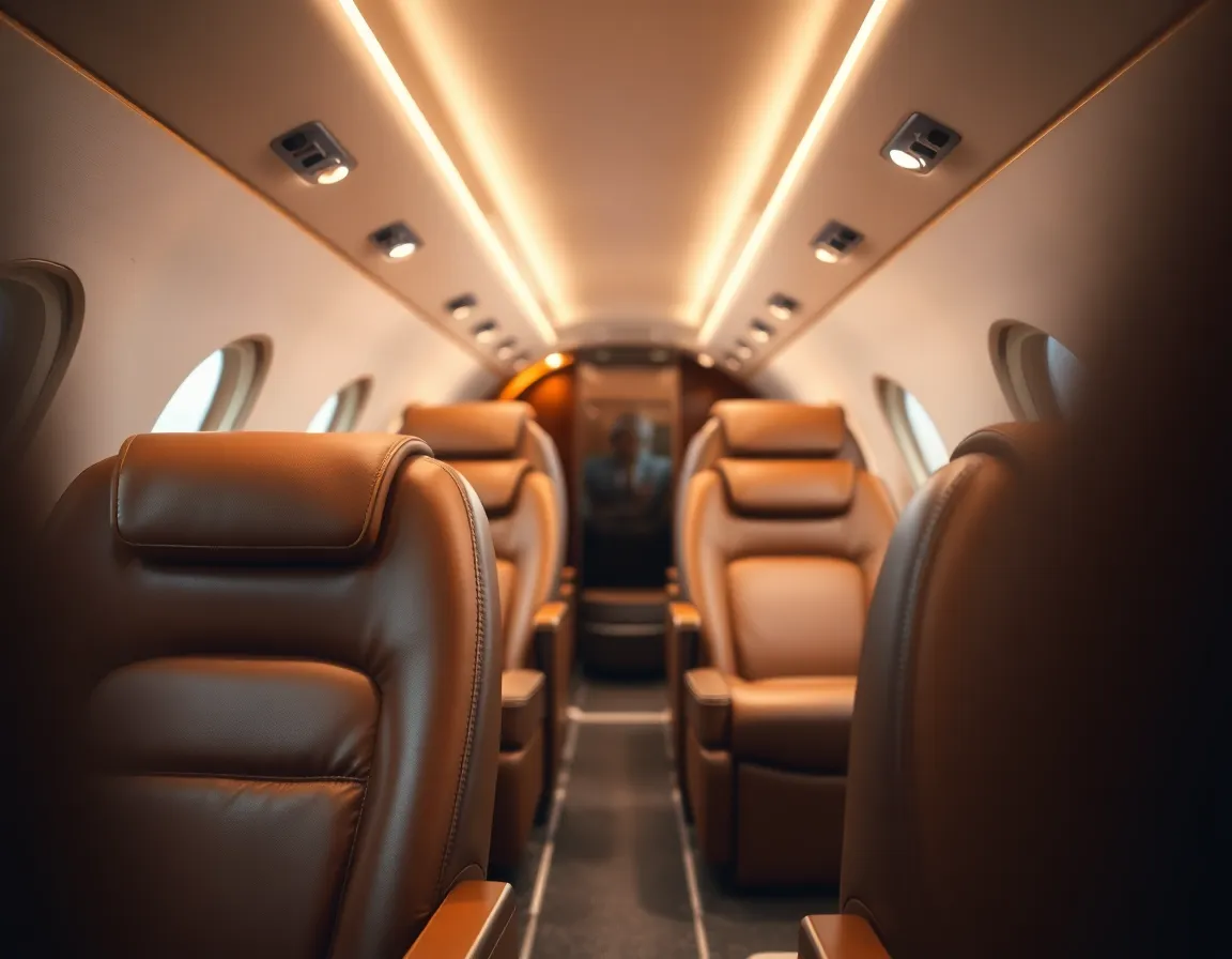 Luxury Interior of Private Jet This exquisite image showcases the opulent interior of a private jet, featuring plush leather seats illuminated by soft overhead lighting. The rich textures and details of the seating create an inviting and luxurious atmosphere. With a shallow depth of field, the stunning craftsmanship is accentuated, while the background gently fades away. The warm color palette enhances the feeling of exclusivity, making this photograph a perfect representation of luxury travel.