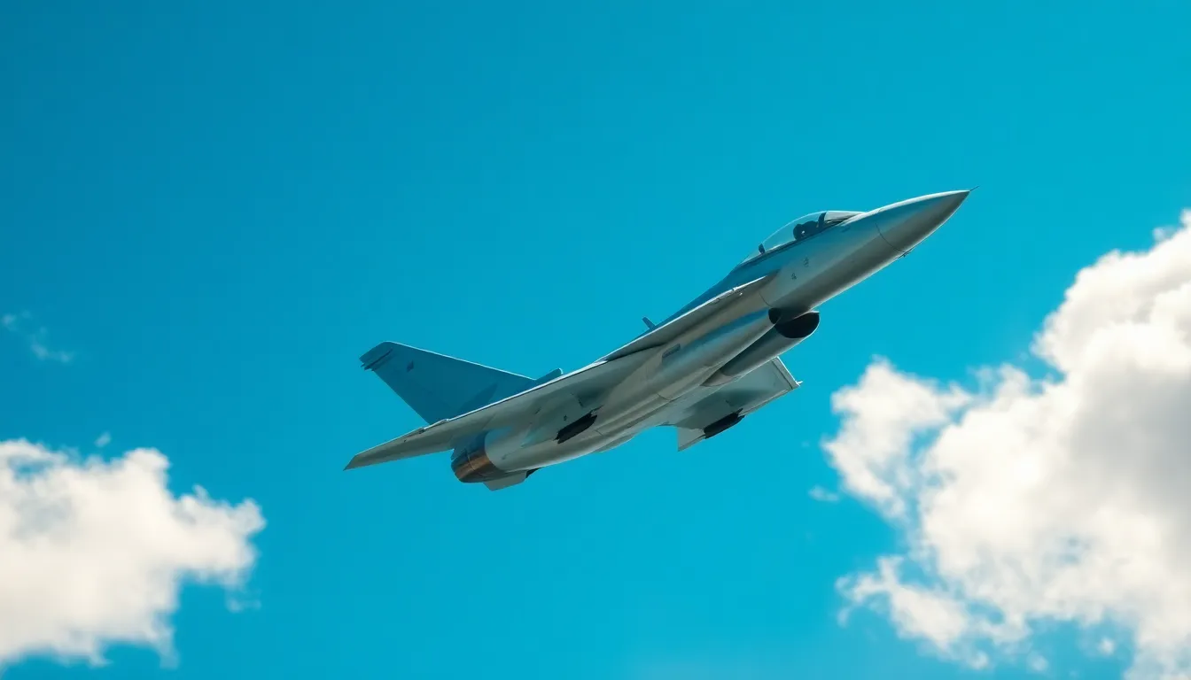 Fighter Jet Performing Maneuver This thrilling photograph captures a fighter jet darting through a clear blue sky, showcasing its aerodynamic elegance and speed. The bright sunlight shines down, making the aircraft gleam as it executes a high-speed maneuver. The vivid color palette emphasizes the deep blues of the sky and the crisp white of clouds. The dynamic angle of the shot adds excitement, illustrating the power and agility of military aviation.