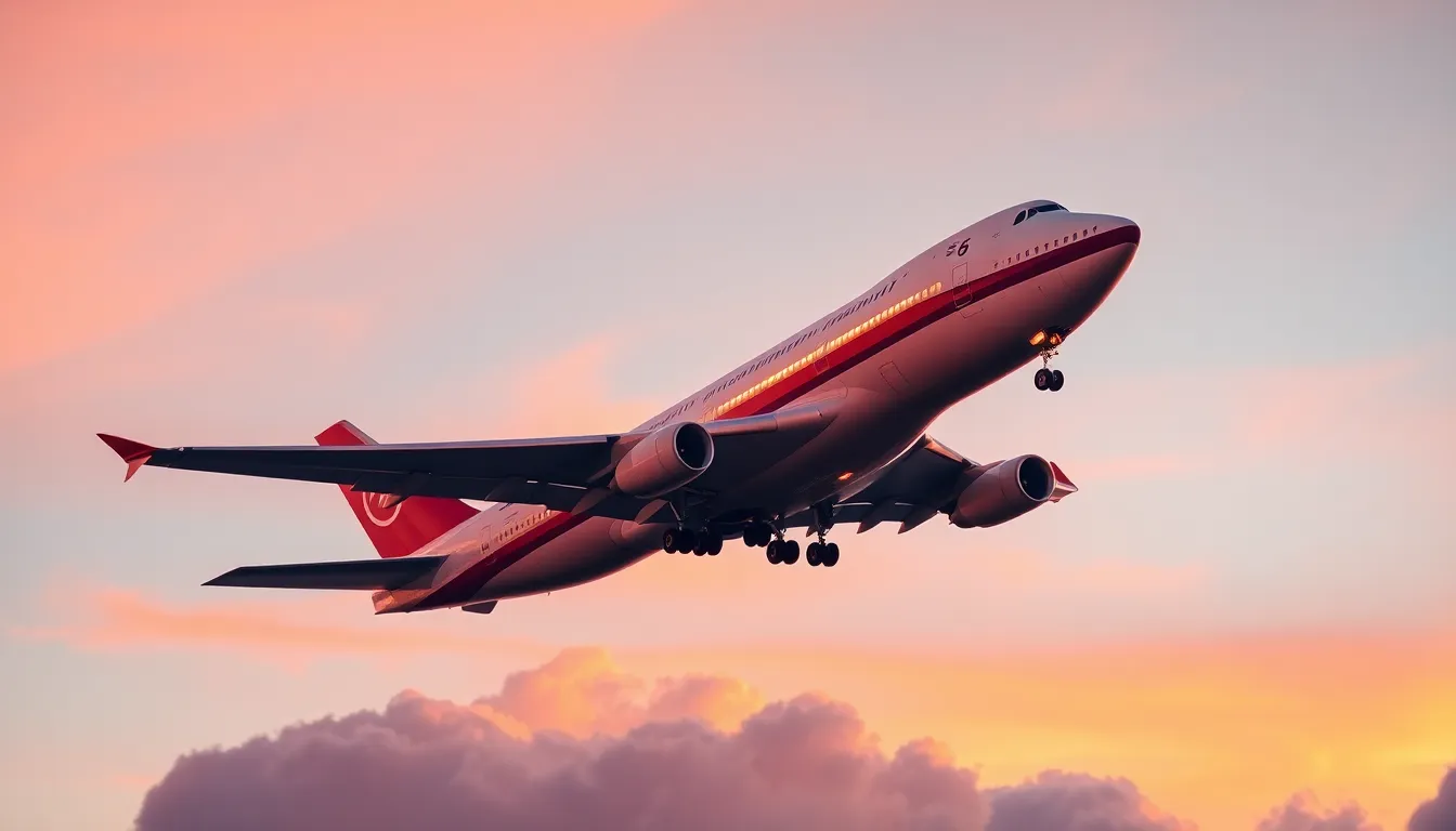 Boeing 747 Against Sunset Sky This stunning image captures a Boeing 747 flying through a breathtaking sunset sky, with vivid colors of orange and pink reflecting off its body. The airplane is beautifully positioned, invoking a sense of freedom and adventure. The shallow depth of field adds focus to the aircraft while creating a soft backdrop of clouds. This photograph perfectly portrays the grandeur of aviation in a picturesque setting.