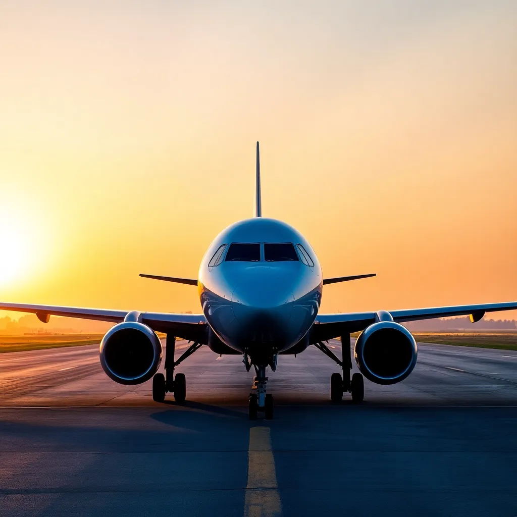 Airplane Taking Off at Sunrise