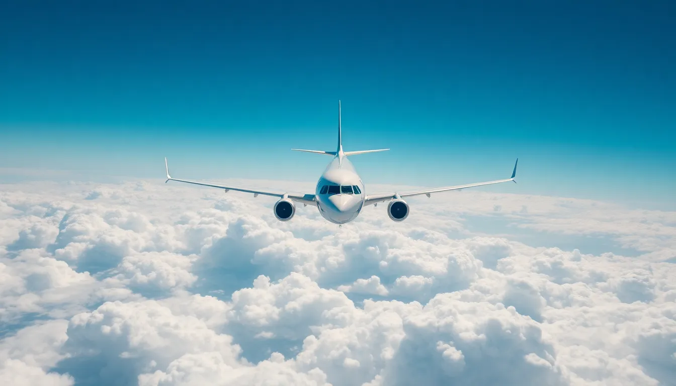 In this stunning image, a sleek modern airliner glides gracefully above a sea of fluffy clouds, illuminated by bright midday sunlight. The sharp contrast of the airplane against the deep blue sky enhances its clean, aerodynamic design. This photograph captures the essence of travel and exploration, inspiring viewers to dream of distant destinations and adventures in the sky.