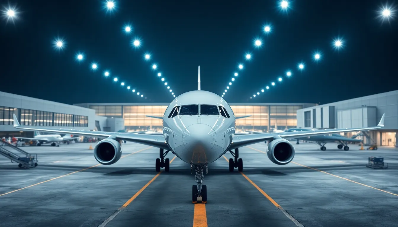 This photorealistic image showcases a modern jetliner parked at an airport gate, surrounded by the sleek architecture of the terminal. The cool LED lights create a contemporary atmosphere, enhancing the jet’s glossy surface. The shallow depth of field beautifully isolates the aircraft, allowing its design and features to stand out. With a symmetrical composition, the image conveys a sense of order and precision characteristic of modern aviation.