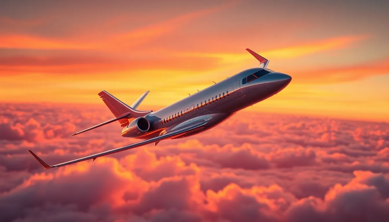 Airplane Gliding Through Sunset Clouds This stunning image captures a sleek passenger airplane flying against a vivid sunset backdrop. The warm golden hues of the sky contrast beautifully with the metallic surface of the aircraft, creating a striking visual. Shot at golden hour, the light adds depth and warmth, while the soft clouds provide a dreamy bokeh effect, enhancing the sense of flight. The composition emphasizes the aircraft's dynamic movement against a beautifully lit sky.