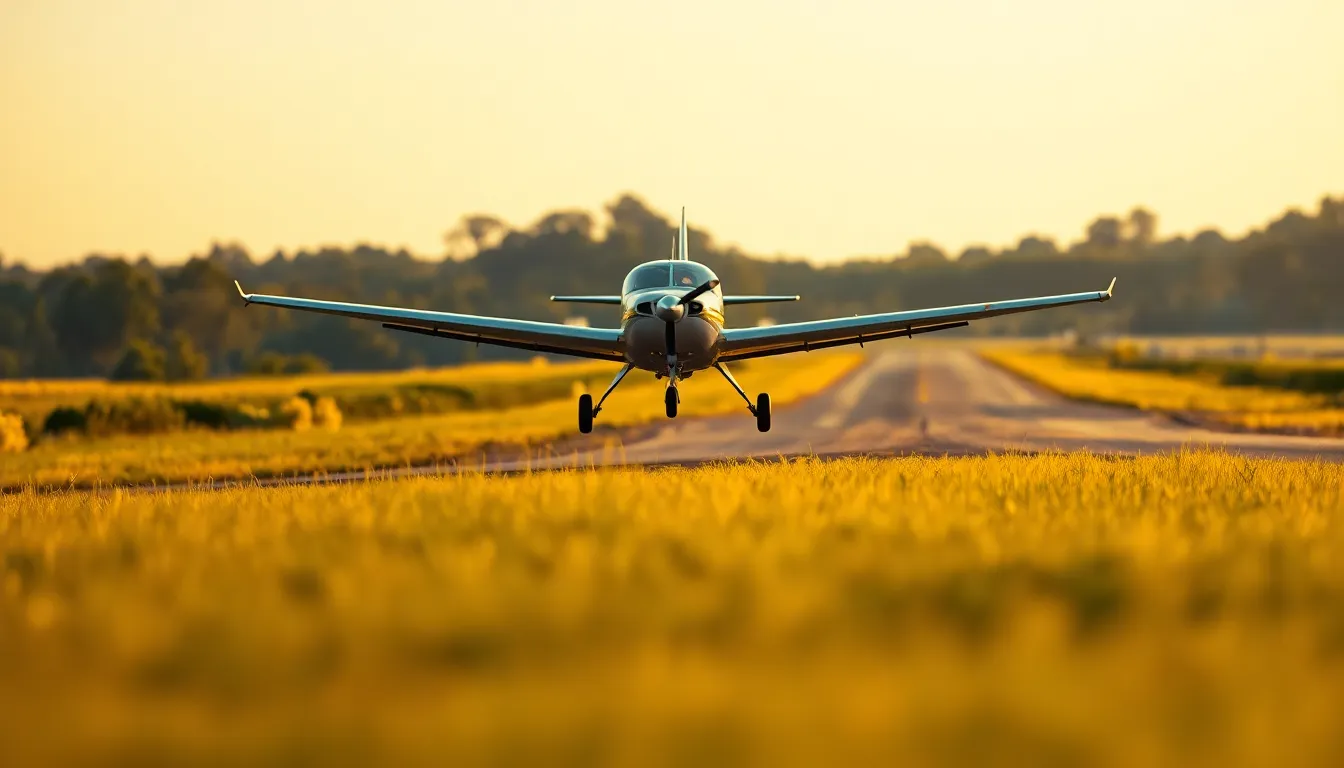 This vivid image depicts a small private plane taking off from a rural airstrip during golden hour. The warm light highlights the aircraft, creating a striking contrast against the lush green surroundings. With dynamic angles, the shot captures the excitement and energy of takeoff, while soft depth of field draws attention to the plane itself. The earthy color palette enhances the natural beauty of the scene, inviting the viewer into this moment of adventure.