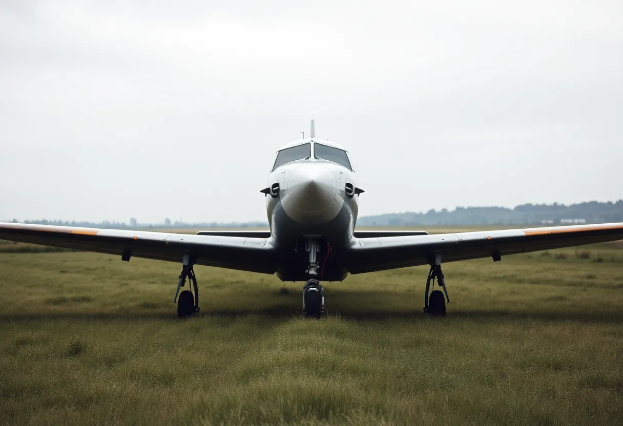 Vintage Aircraft on Grassy Airstrip This captivating image features a vintage aircraft parked on a serene, grassy airstrip, enveloped in soft, overcast light. The muted color palette enhances the nostalgic feel, highlighting the aircraft's worn features and the lush green surroundings. With a hyperfocal depth of field, both the aircraft and the grass are in perfect focus, inviting viewers into this tranquil aviation setting. It’s a beautiful tribute to the golden age of flight.